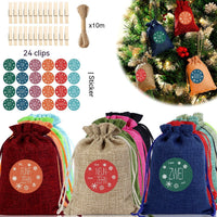 HKM-376339 Versatile Linen Drawstring Christmas Gift Bag with Stickers and Twine, Set of 24