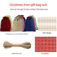 HKM-376339 Versatile Linen Drawstring Christmas Gift Bag with Stickers and Twine, Set of 24