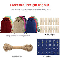 HKM-376339 Versatile Linen Drawstring Christmas Gift Bag with Stickers and Twine, Set of 24