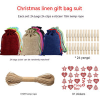 HKM-376339 Versatile Linen Drawstring Christmas Gift Bag with Stickers and Twine, Set of 24