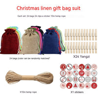 HKM-376339 Versatile Linen Drawstring Christmas Gift Bag with Stickers and Twine, Set of 24