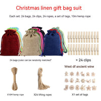 HKM-376339 Versatile Linen Drawstring Christmas Gift Bag with Stickers and Twine, Set of 24