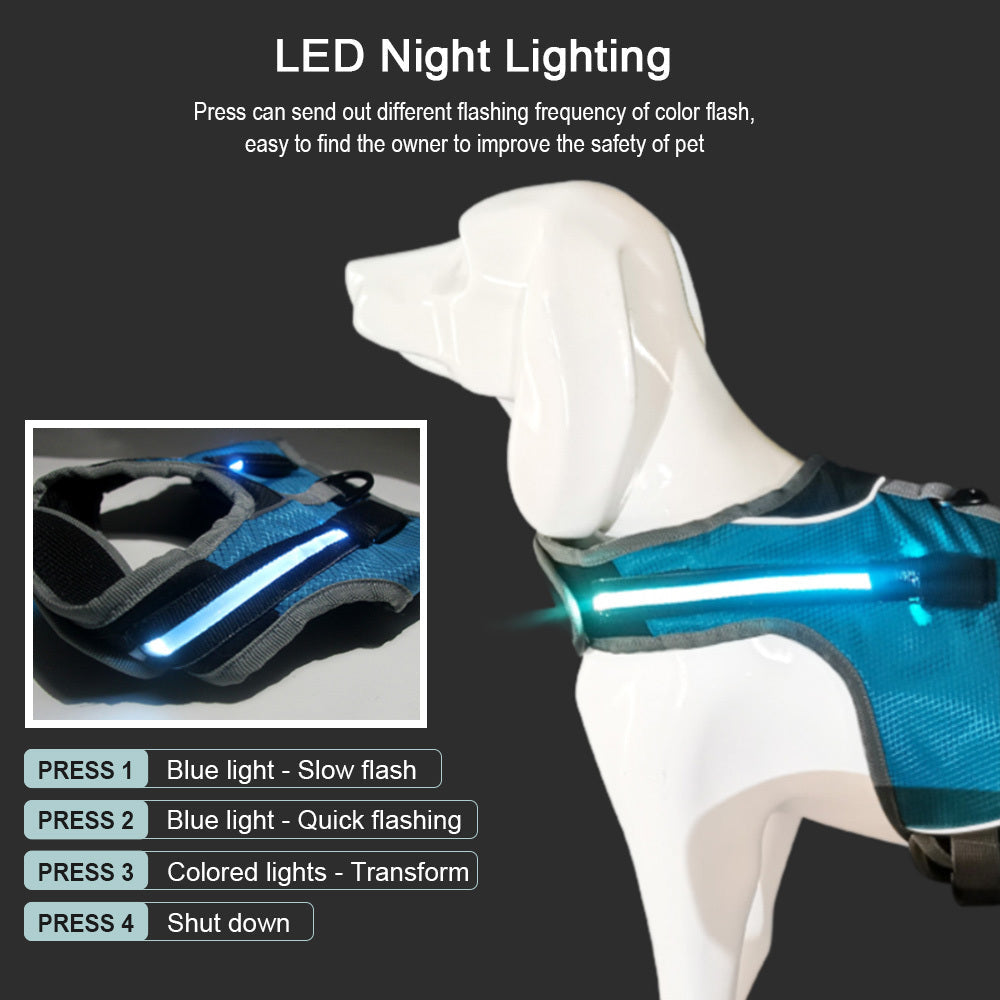 HKM-376403 Luminous LED Adjustable Pet Chest Strap in Lake Blue, Fluorescent Green, Wine Red, and Sun Orange