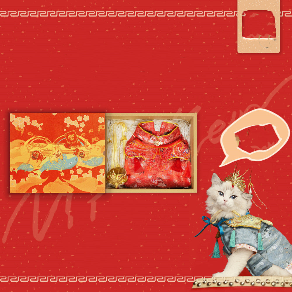 HKM-376659 Pet Hanfu Dress with Gift Box in Red and Blue, Sizes S to 3XL, Woven Cotton