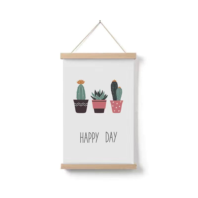 HKM-377299 Cartoon Green Plant Canvas Art in Solid Wood Frame - Modern Hanging Decorative Picture