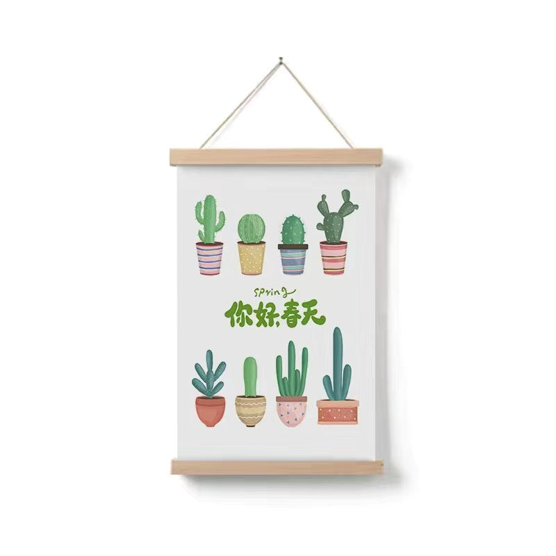 HKM-377299 Cartoon Green Plant Canvas Art in Solid Wood Frame - Modern Hanging Decorative Picture