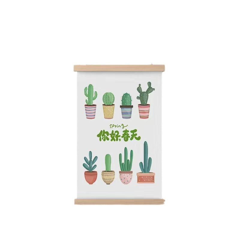 HKM-377299 Cartoon Green Plant Canvas Art in Solid Wood Frame - Modern Hanging Decorative Picture