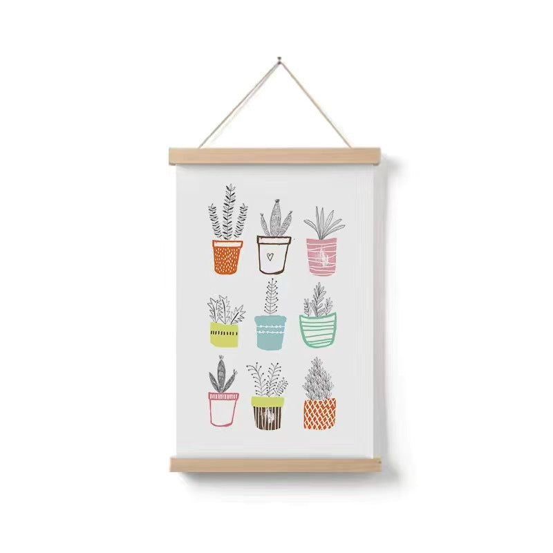 HKM-377299 Cartoon Green Plant Canvas Art in Solid Wood Frame - Modern Hanging Decorative Picture