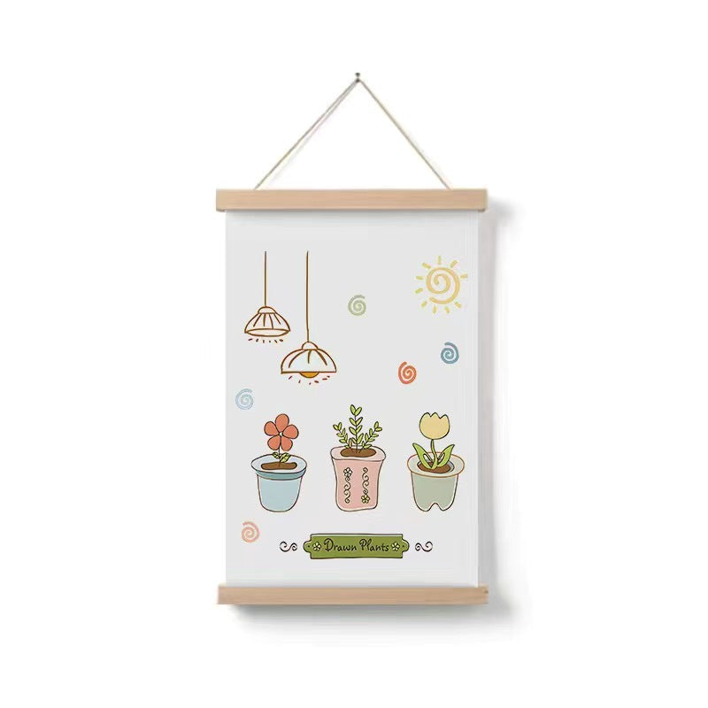HKM-377299 Cartoon Green Plant Canvas Art in Solid Wood Frame - Modern Hanging Decorative Picture