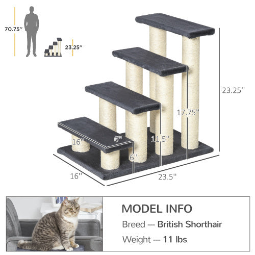 HKM-377363 Stair-Shaped Cat Tree with 4 Steps, Sisal Scratching Post for Indoor Cats and Dogs, Gray
