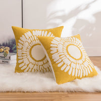 HKM-377427 Yellow Geometric & Floral Pattern Pillow Covers - 4 Pack, 45x45cm Cotton & Linen