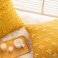 HKM-377427 Yellow Geometric & Floral Pattern Pillow Covers - 4 Pack, 45x45cm Cotton & Linen
