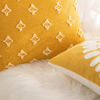 HKM-377427 Yellow Geometric & Floral Pattern Pillow Covers - 4 Pack, 45x45cm Cotton & Linen