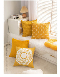 HKM-377427 Yellow Geometric & Floral Pattern Pillow Covers - 4 Pack, 45x45cm Cotton & Linen