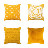 HKM-377427 Yellow Geometric & Floral Pattern Pillow Covers - 4 Pack, 45x45cm Cotton & Linen