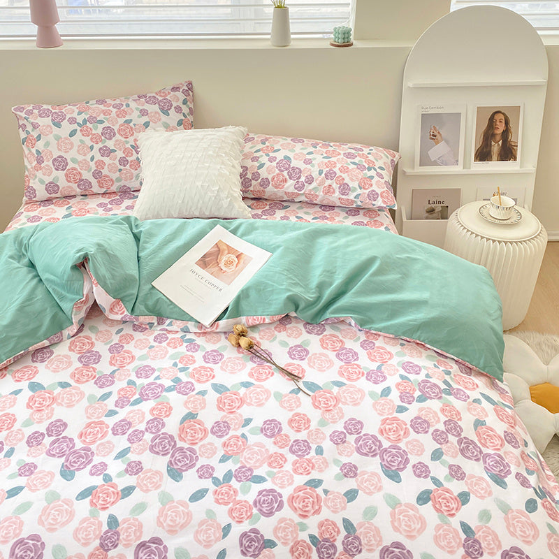 HKM-377683 Pure Cotton Floral 4-Piece Bedding Set for Various Bed Sizes