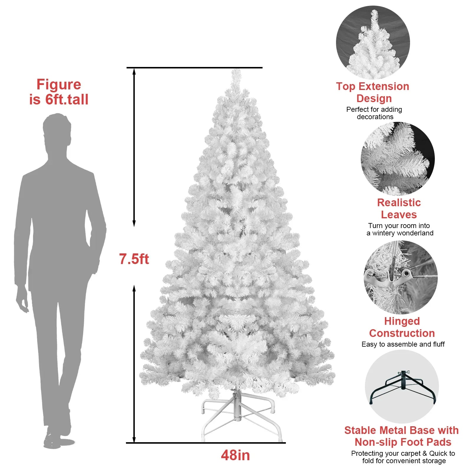 KTX-377811 Hinged 7.5ft White PVC Christmas Tree with 48-inch Diameter for Indoor Decor