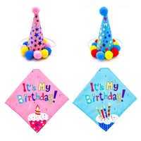 HKM-378067 Pet Dog and Cat Birthday Celebration Set - Pink/Blue Scarf and Hat for First Year Festivities