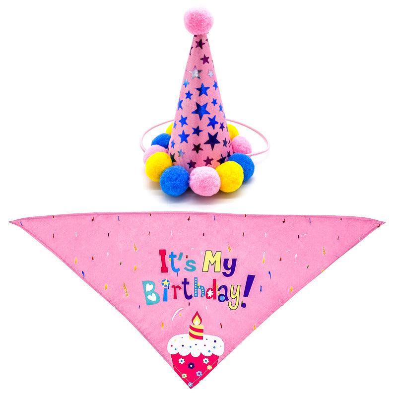 HKM-378067 Pet Dog and Cat Birthday Celebration Set - Pink/Blue Scarf and Hat for First Year Festivities