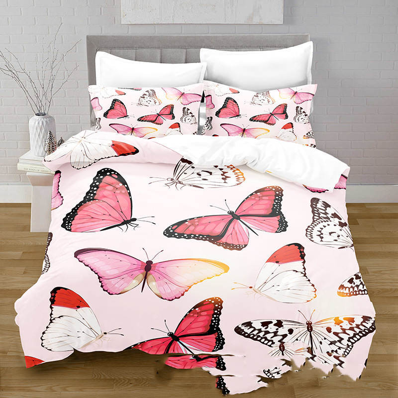 HKM-378515 3D Digital Printed Butterfly Pattern Brushed Quilt Cover and Pillowcase Bedding Set