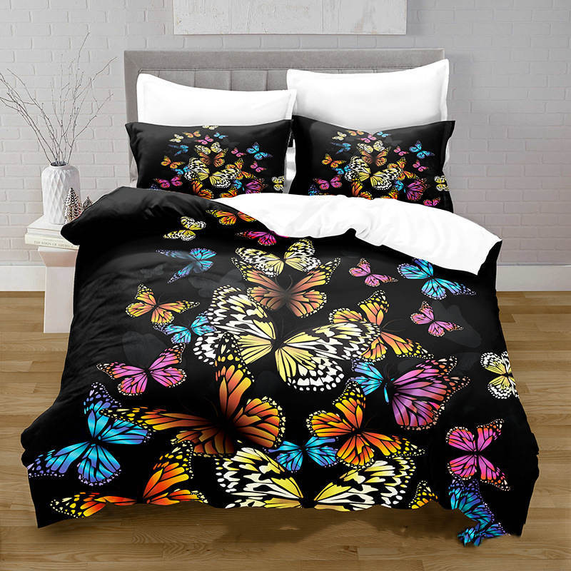 HKM-378515 3D Digital Printed Butterfly Pattern Brushed Quilt Cover and Pillowcase Bedding Set