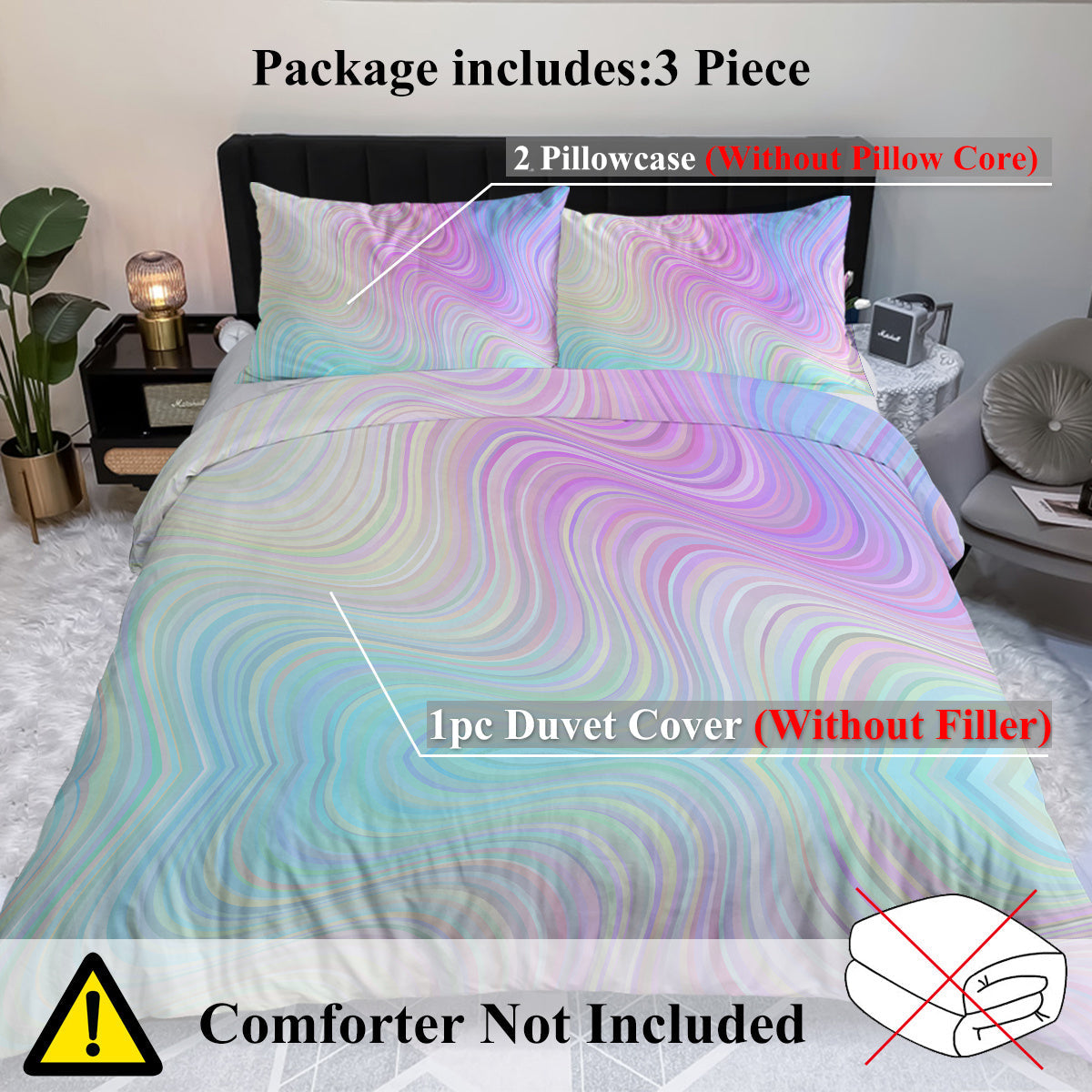 HKM-378515 Chic Rainbow Glitter Ombre Duvet Cover Set with 2 Pillow Shams - Pastel Colors, Microfiber, 3-Piece Bedding Set