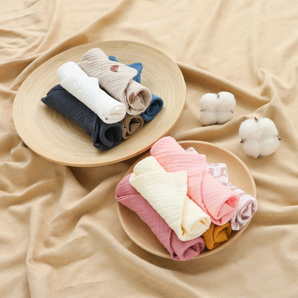 HKM-379923 Crepe Baby Gauze Saliva Towel Set - 5PCs in White, Yellow, Rainbow