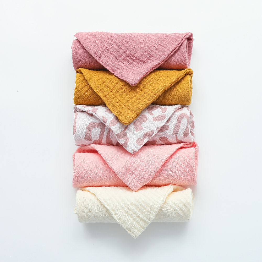 HKM-379923 Crepe Baby Gauze Saliva Towel Set - 5PCs in White, Yellow, Rainbow