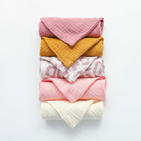HKM-379923 Crepe Baby Gauze Saliva Towel Set - 5PCs in White, Yellow, Rainbow