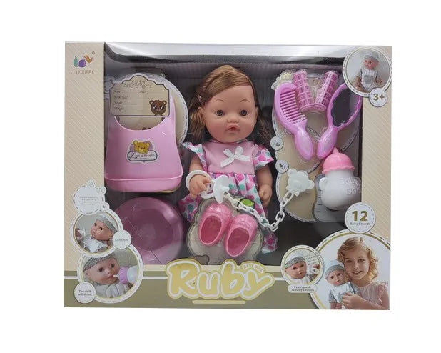HKM-380307 12-Inch Soft Silicone Baby Doll with Diaper, Bottle, and Accessories for Ages 2-7