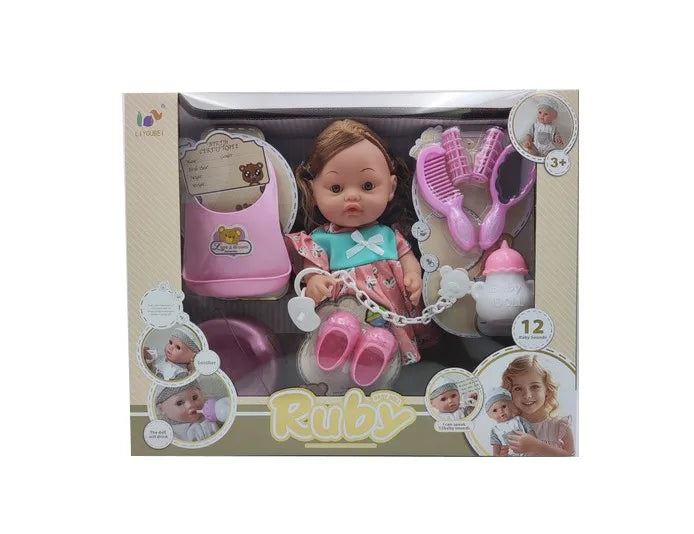 HKM-380307 12-Inch Soft Silicone Baby Doll with Diaper, Bottle, and Accessories for Ages 2-7