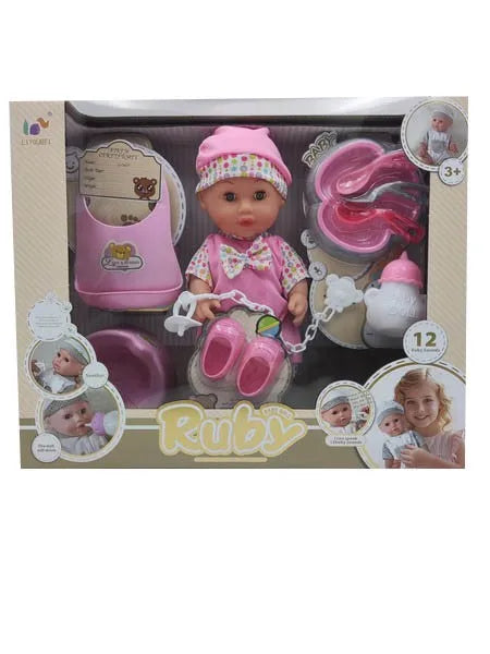 HKM-380307 12-Inch Soft Silicone Baby Doll with Diaper, Bottle, and Accessories for Ages 2-7