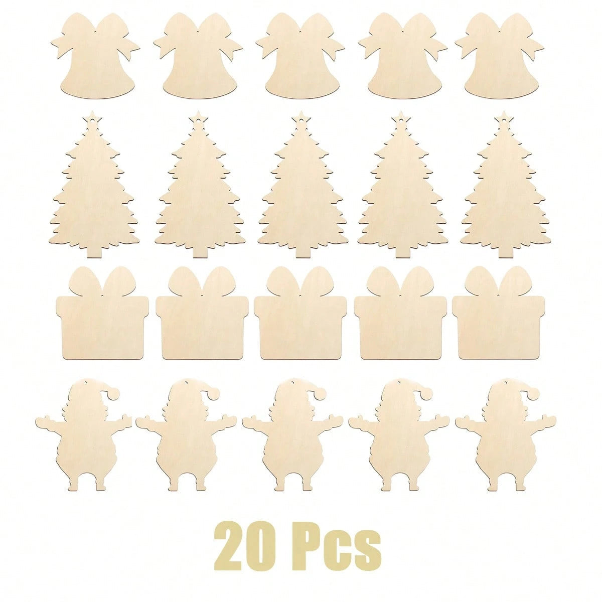 KTX-380307 20 Pcs Unfinished Wooden Christmas Ornaments for DIY Crafting - 4 Designs for Holiday Decorating
