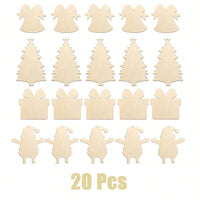 HKM-380307 20 Pcs Unfinished Wooden Christmas Ornaments for DIY Crafting - 4 Designs for Holiday Decorating