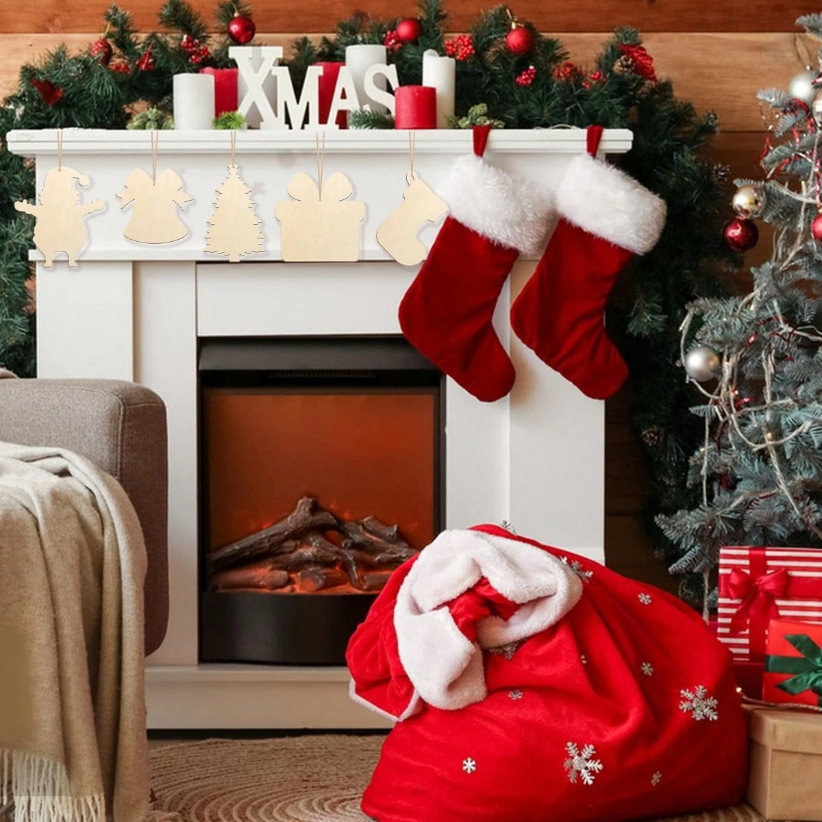 KTX-380307 20 Pcs Unfinished Wooden Christmas Ornaments for DIY Crafting - 4 Designs for Holiday Decorating