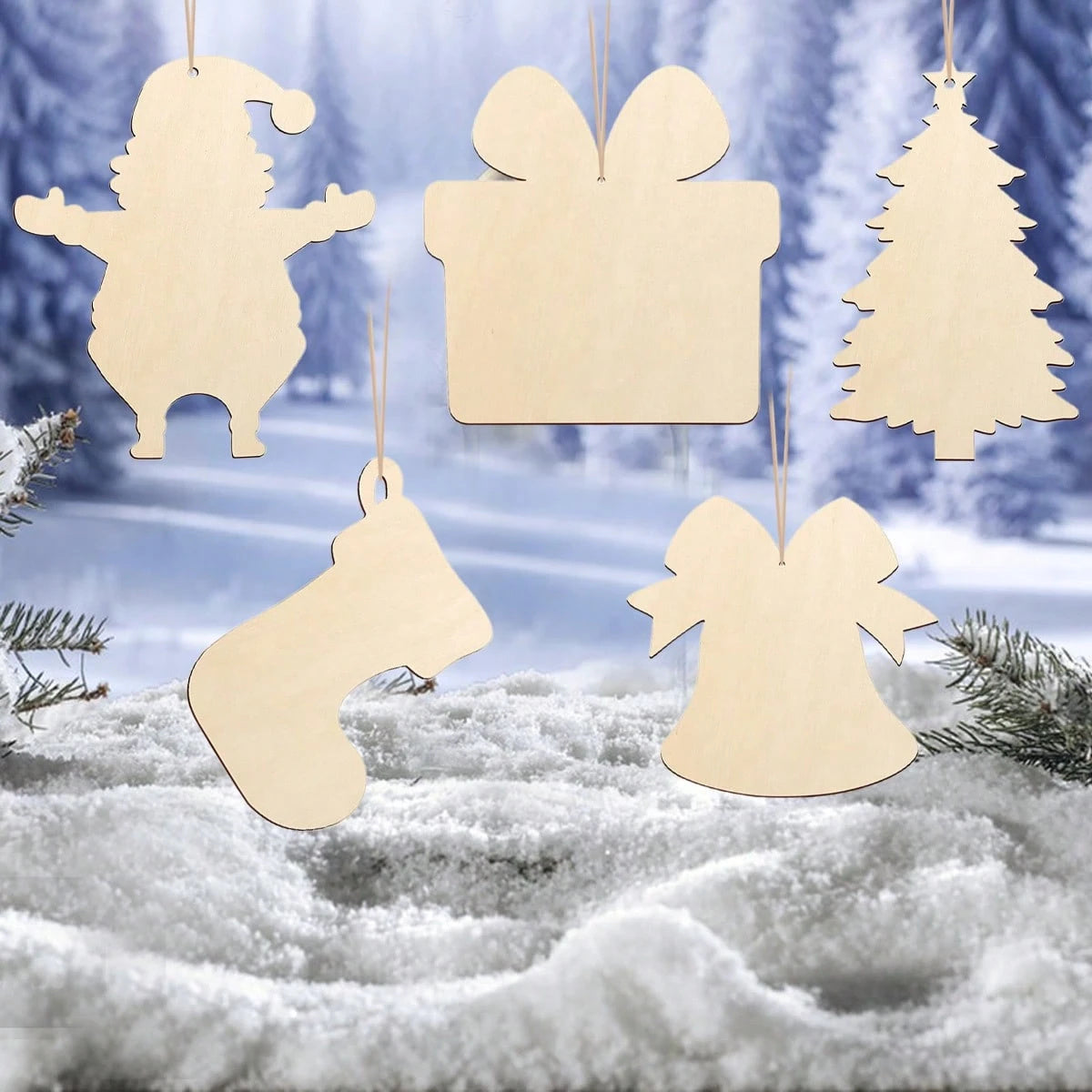 KTX-380307 20 Pcs Unfinished Wooden Christmas Ornaments for DIY Crafting - 4 Designs for Holiday Decorating