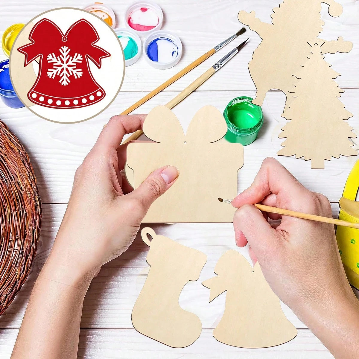 KTX-380307 20 Pcs Unfinished Wooden Christmas Ornaments for DIY Crafting - 4 Designs for Holiday Decorating