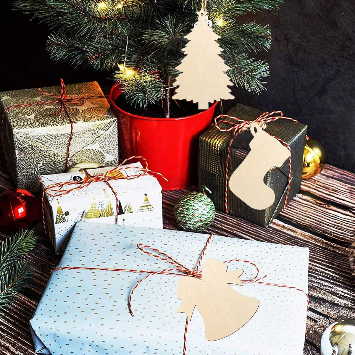 KTX-380307 20 Pcs Unfinished Wooden Christmas Ornaments for DIY Crafting - 4 Designs for Holiday Decorating