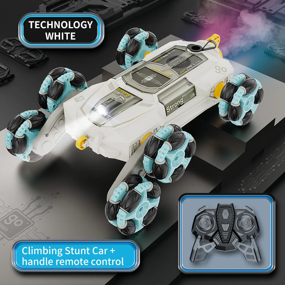 HKM-381075 6-Wheel Swing Arm RC Stunt Car with Music and Spray - Dual Remote Control for Indoor and Outdoor Fun