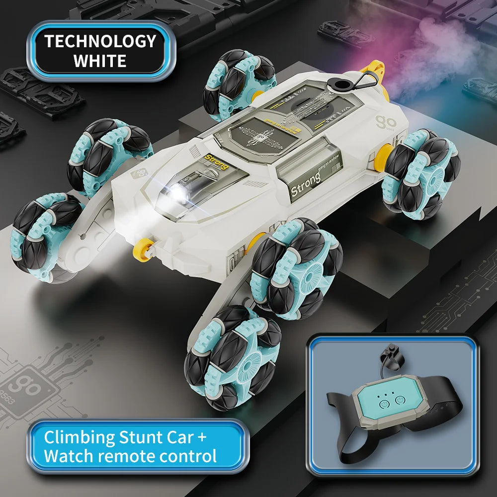 HKM-381075 6-Wheel Swing Arm RC Stunt Car with Music and Spray - Dual Remote Control for Indoor and Outdoor Fun