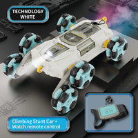HKM-381075 6-Wheel Swing Arm RC Stunt Car with Music and Spray - Dual Remote Control for Indoor and Outdoor Fun