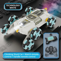 HKM-381075 6-Wheel Swing Arm RC Stunt Car with Music and Spray - Dual Remote Control for Indoor and Outdoor Fun