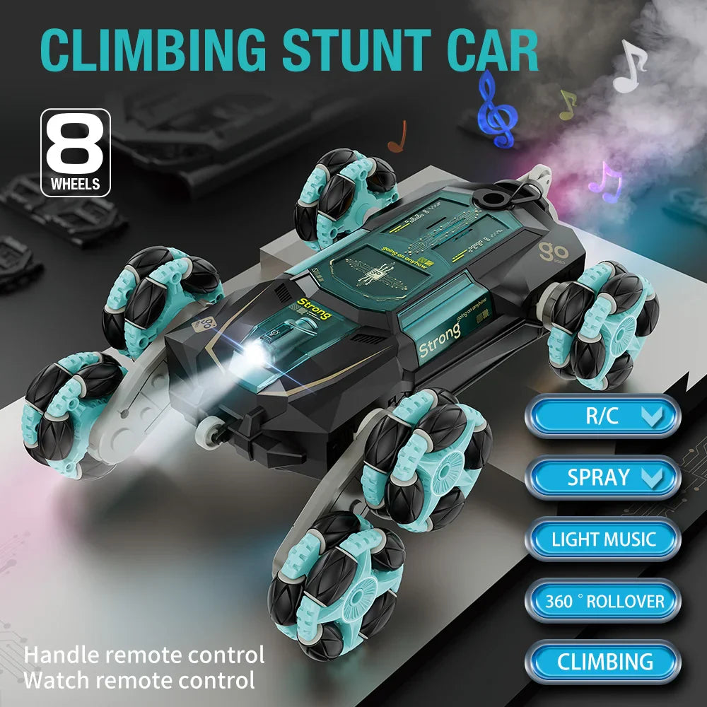 HKM-381075 6-Wheel Swing Arm RC Stunt Car with Music and Spray - Dual Remote Control for Indoor and Outdoor Fun