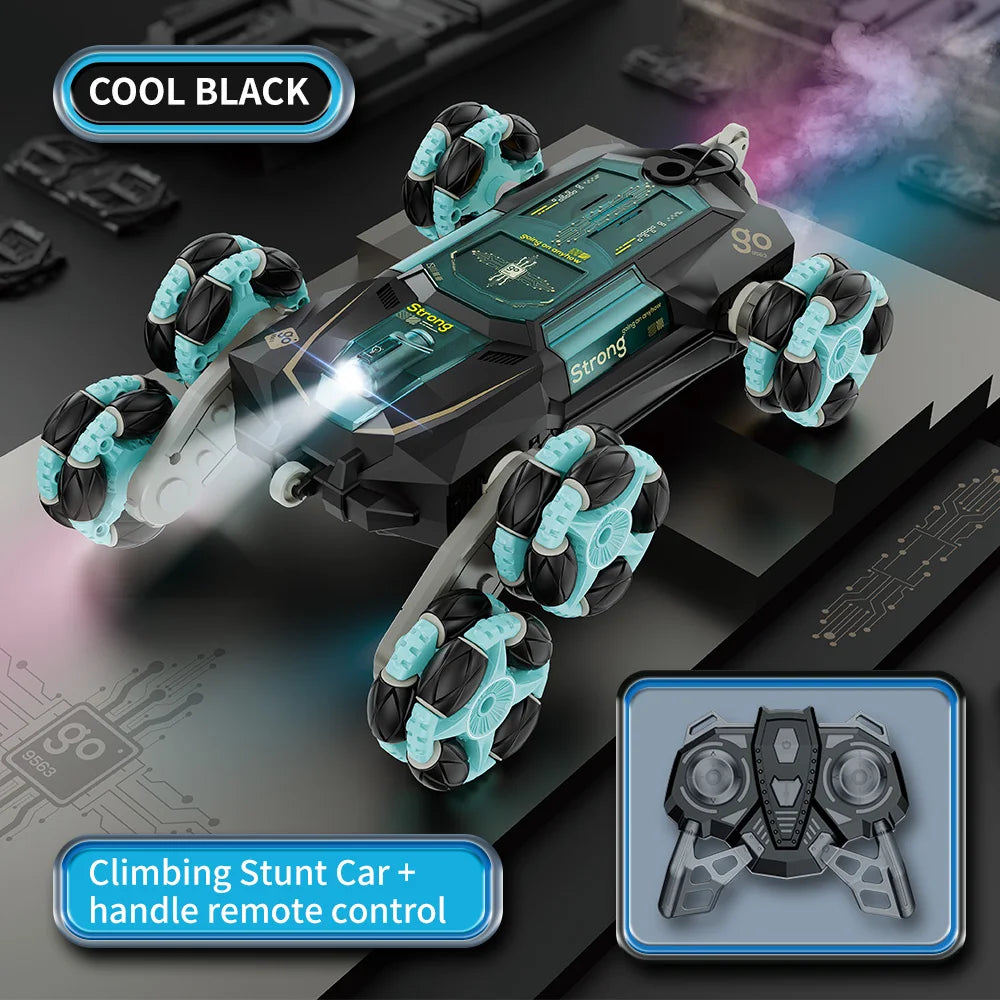 HKM-381075 6-Wheel Swing Arm RC Stunt Car with Music and Spray - Dual Remote Control for Indoor and Outdoor Fun
