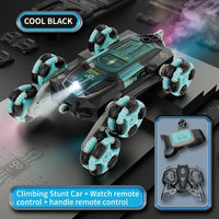 HKM-381075 6-Wheel Swing Arm RC Stunt Car with Music and Spray - Dual Remote Control for Indoor and Outdoor Fun