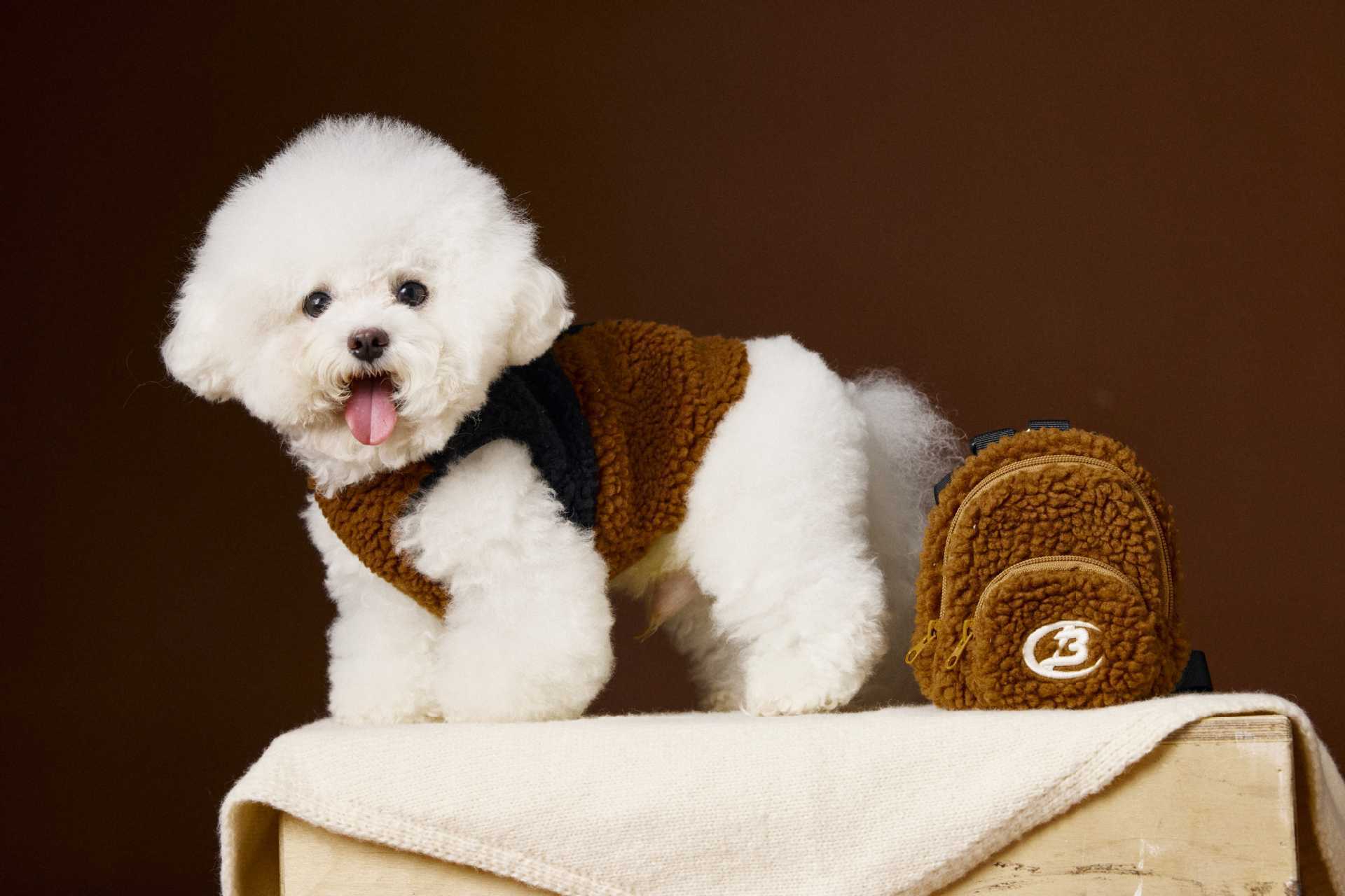 HKM-381139 Schnauzer Bichon Plush Sleeveless Velvet Vest in Coffee and Beige, Polar Fleece Pet Clothing