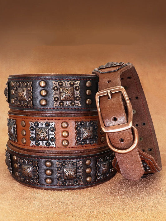 HKM-381523 Durable Cowhide Dog Collar with Rivets and Zinc Alloy Buckle - Available in Black and Brown