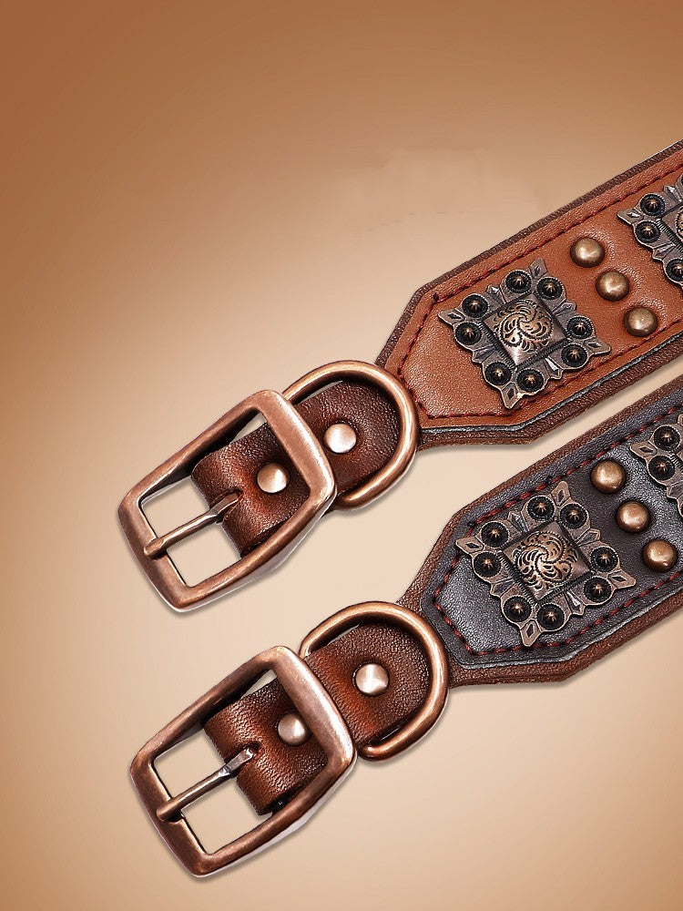 HKM-381523 Durable Cowhide Dog Collar with Rivets and Zinc Alloy Buckle - Available in Black and Brown
