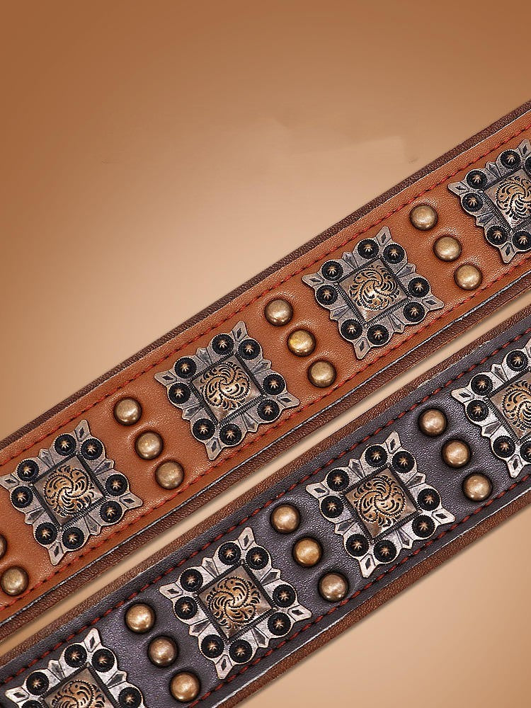 HKM-381523 Durable Cowhide Dog Collar with Rivets and Zinc Alloy Buckle - Available in Black and Brown