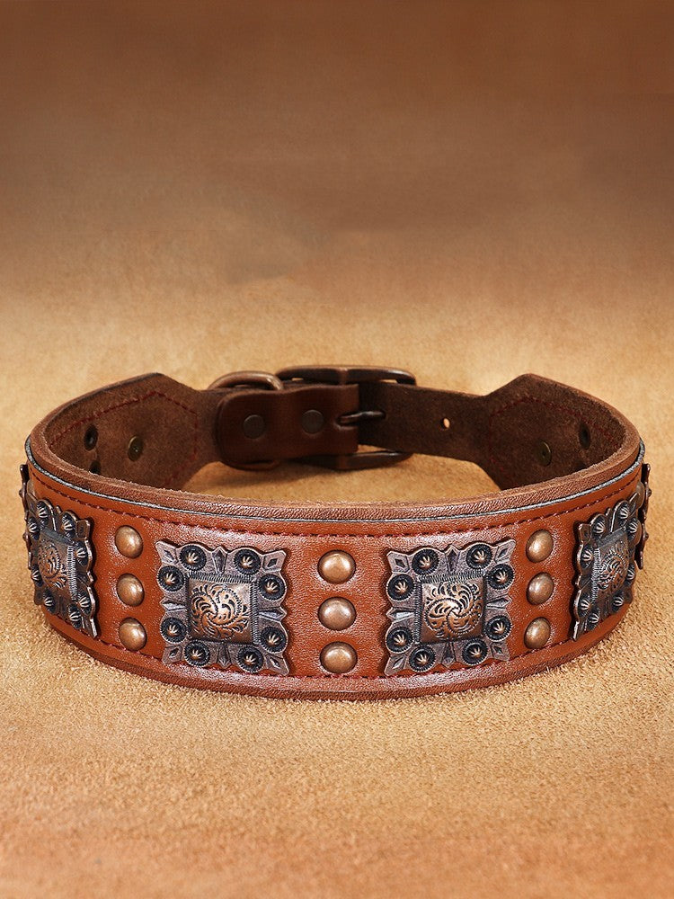 HKM-381523 Durable Cowhide Dog Collar with Rivets and Zinc Alloy Buckle - Available in Black and Brown